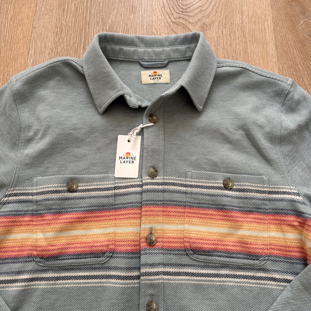 Marine Layer Pacifica Stretch Twill Shirt Mens Medium Blue Multi Stripe NWT - Picture 3 of 9